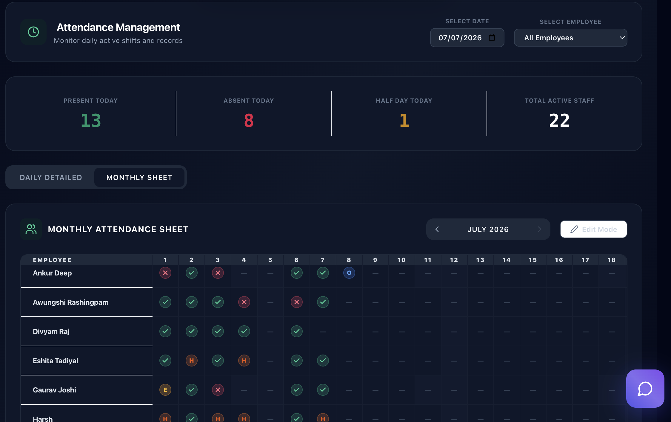 Traincape Corporate Services attendance Screen Preview